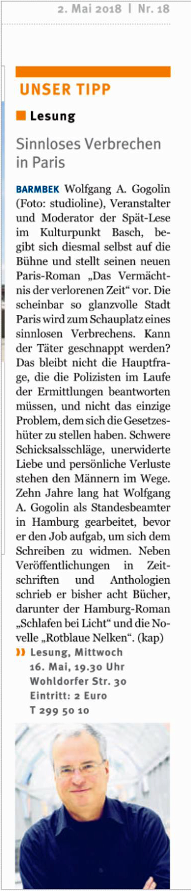 Lesungsankndigung Vermchtnis der verlorenen Zeit fr den 16. Mai 2018 im Hamburger Wochenblatt